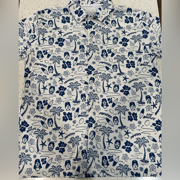 Blue and White Graphic Button-Up Shirt